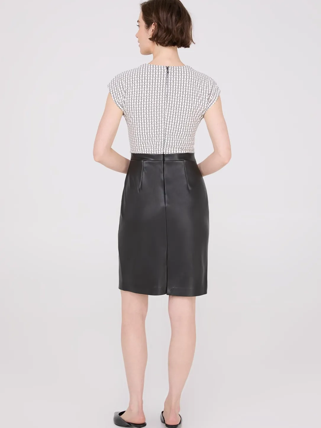 Cowl Neck Faux Leather Skirt 2-Fer Dress