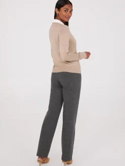 Crew Neck Cardigan With Ribbed Details