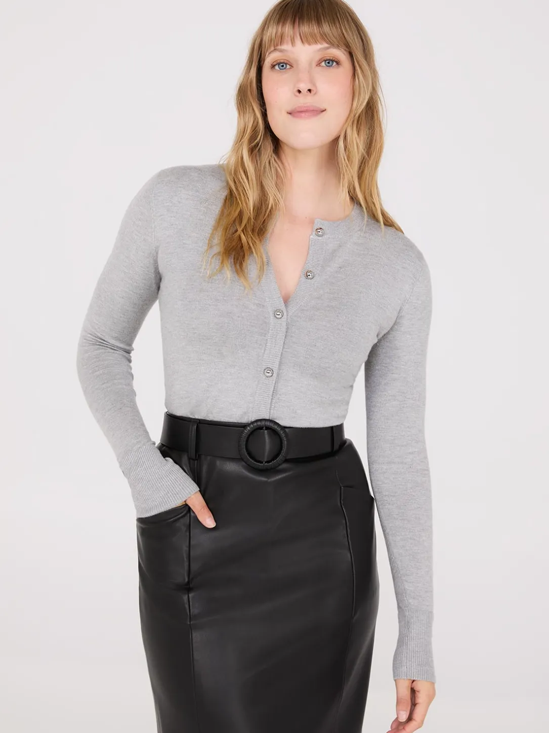Crew Neck Cardigan With Ribbed Details