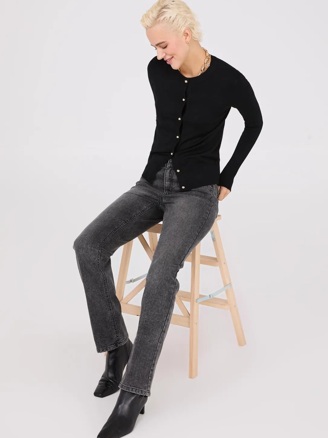 Crew Neck Cardigan With Ribbed Details