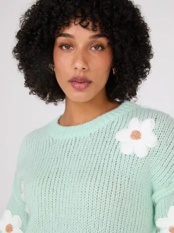 Crew Neck Sweater With Crochet Flowers