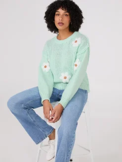 Crew Neck Sweater With Crochet Flowers