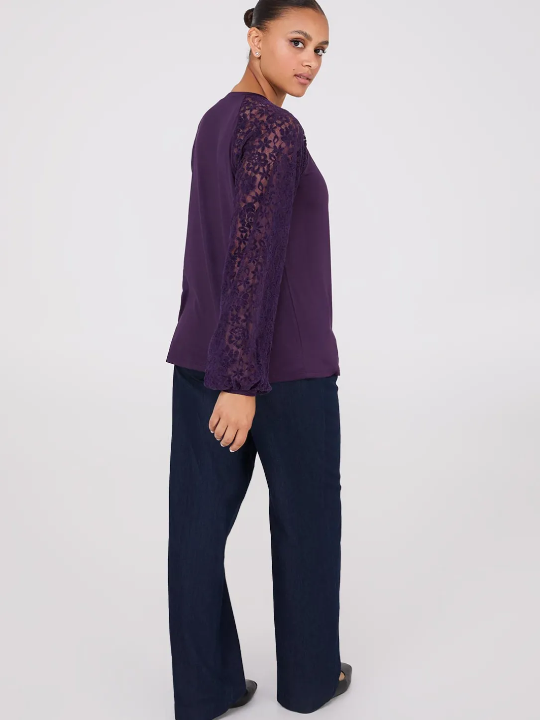 Crew Neck Top With Chenille Lace Sleeves