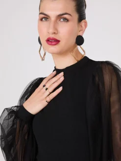 Crew Neck Top With Mesh Balloon Sleeves