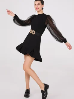 Crew Neck Top With Mesh Balloon Sleeves