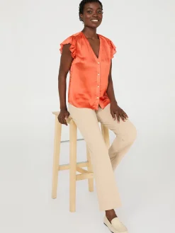 Crinkle Satin Ruffle Sleeve Button-Front Blouse