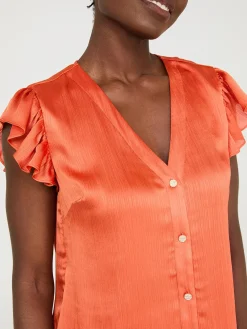 Crinkle Satin Ruffle Sleeve Button-Front Blouse