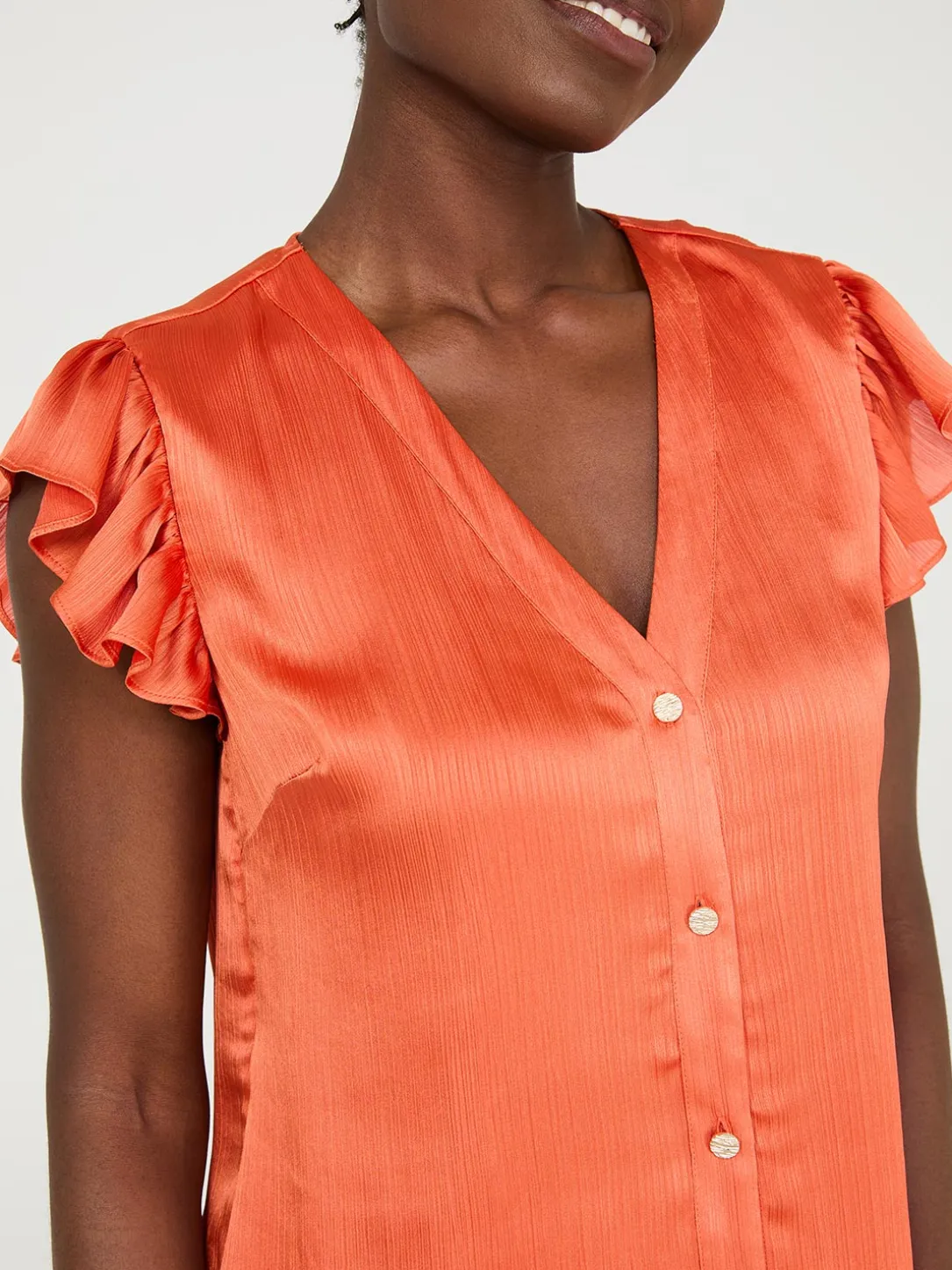 Crinkle Satin Ruffle Sleeve Button-Front Blouse