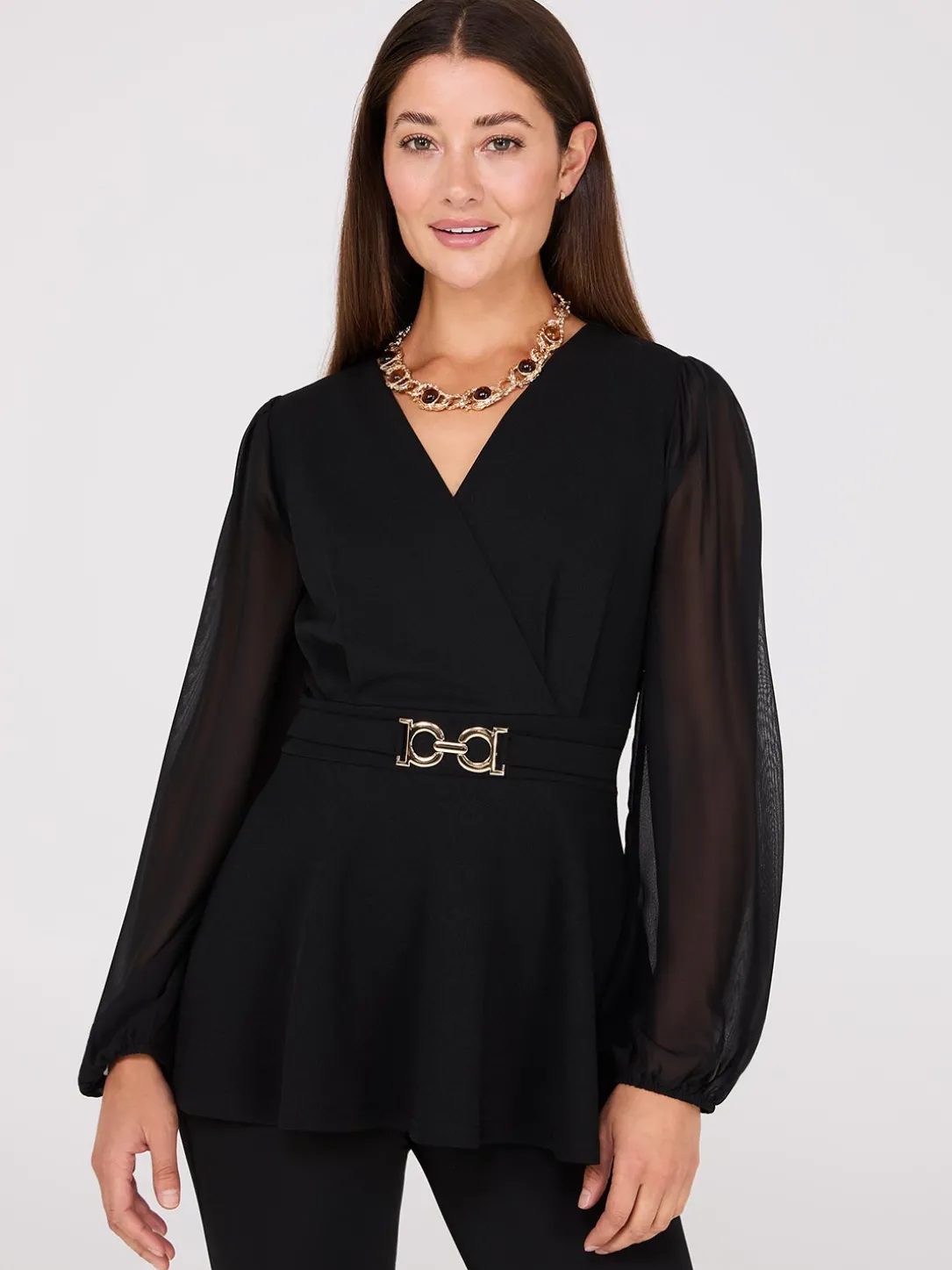 Crossover Peplum Top With Gold Buckle Belt