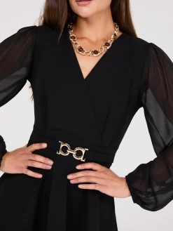 Crossover Peplum Top With Gold Buckle Belt