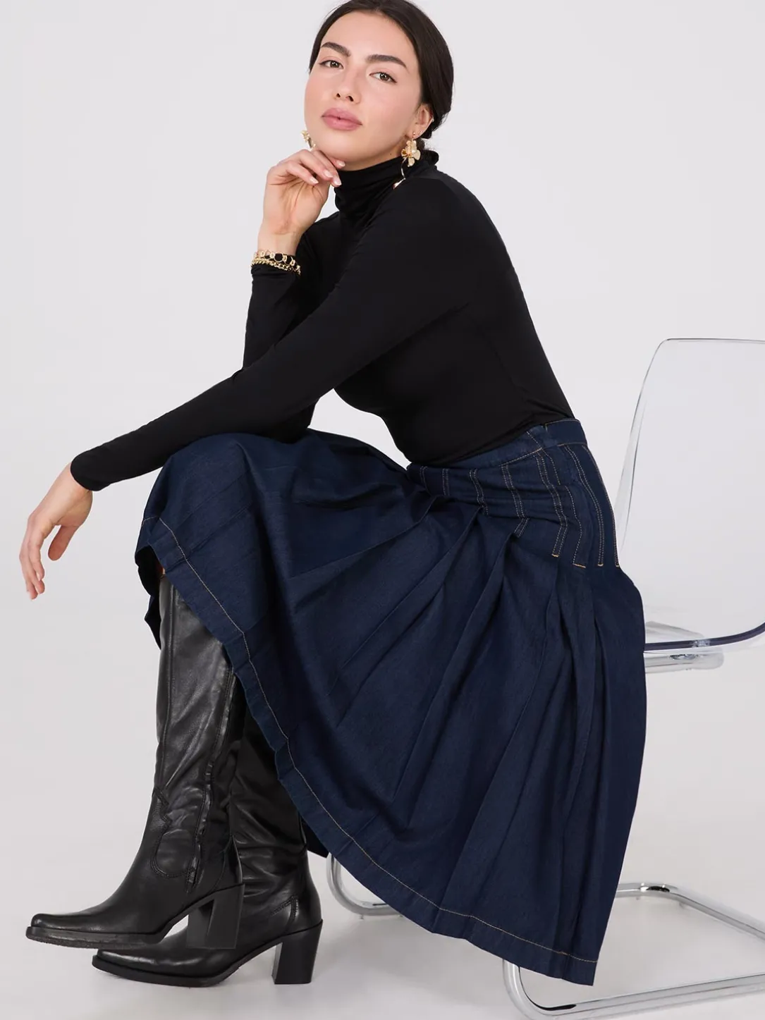 Denim Pleated Midi Skirt