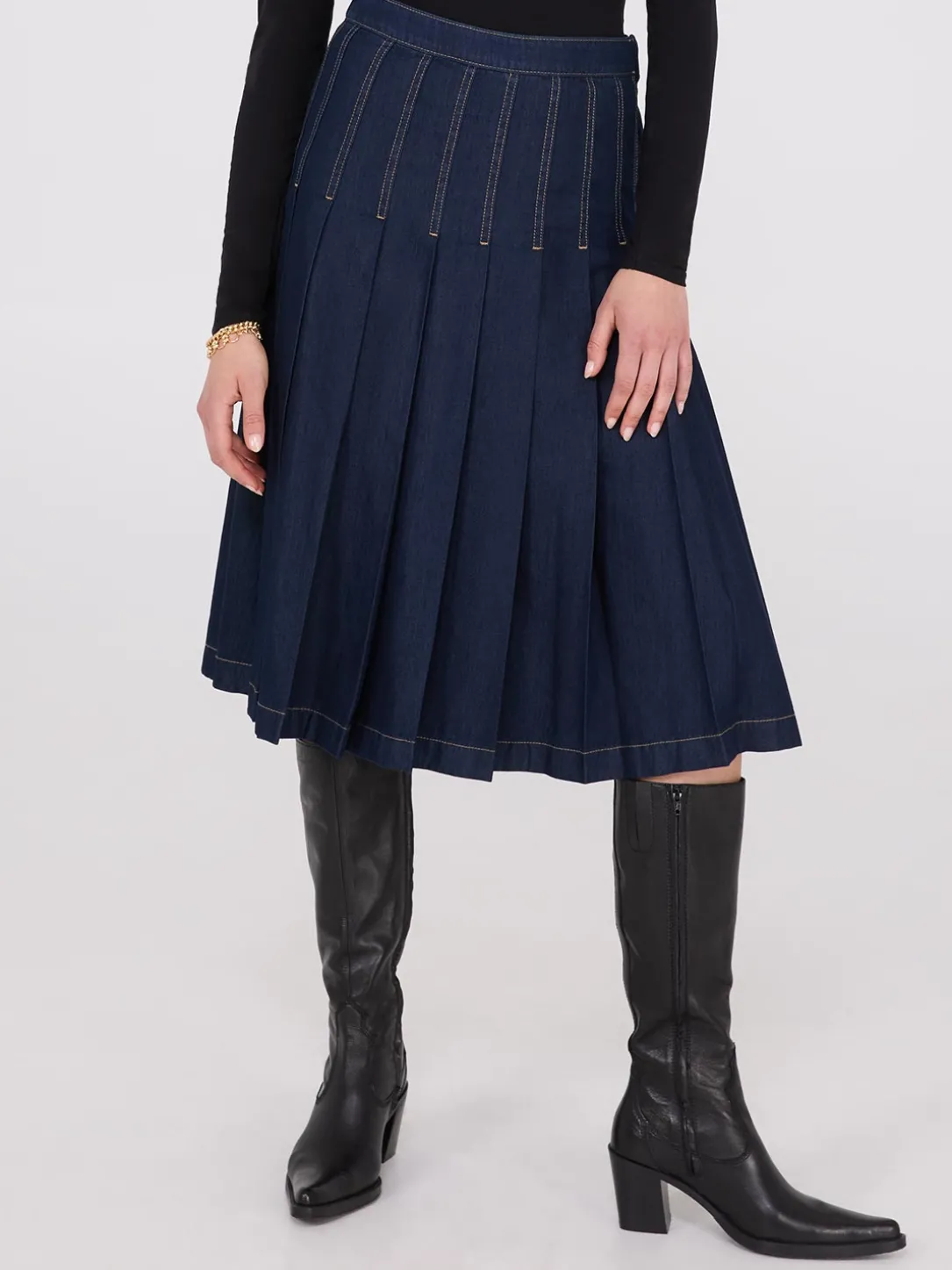 Denim Pleated Midi Skirt