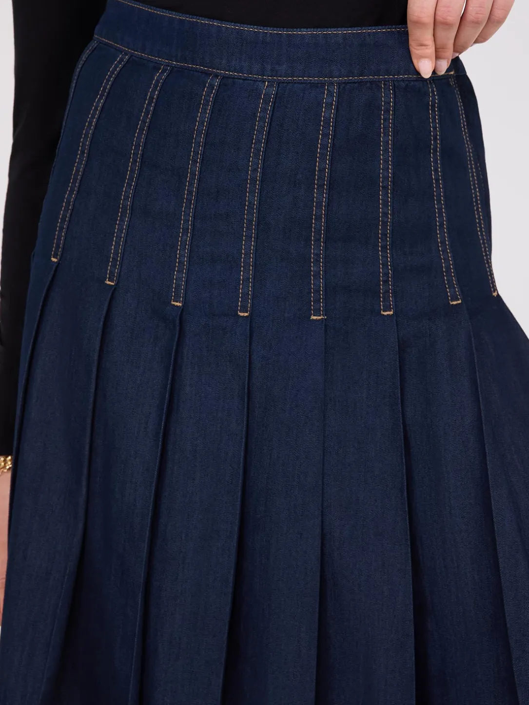 Denim Pleated Midi Skirt