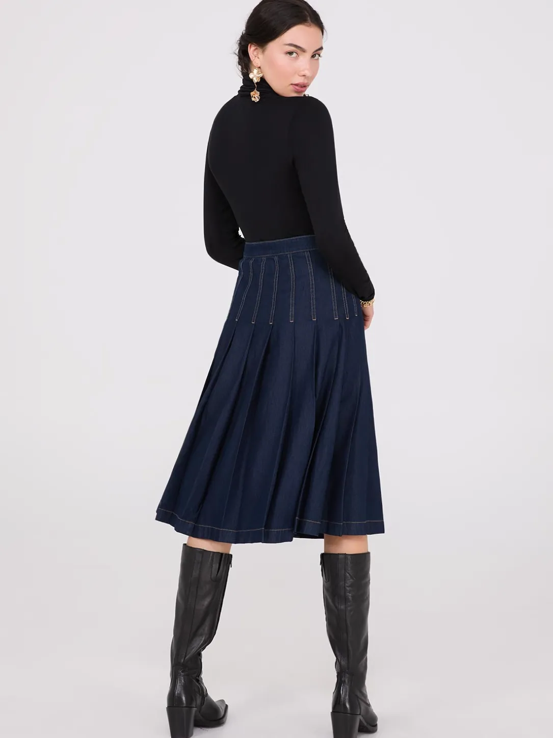 Denim Pleated Midi Skirt