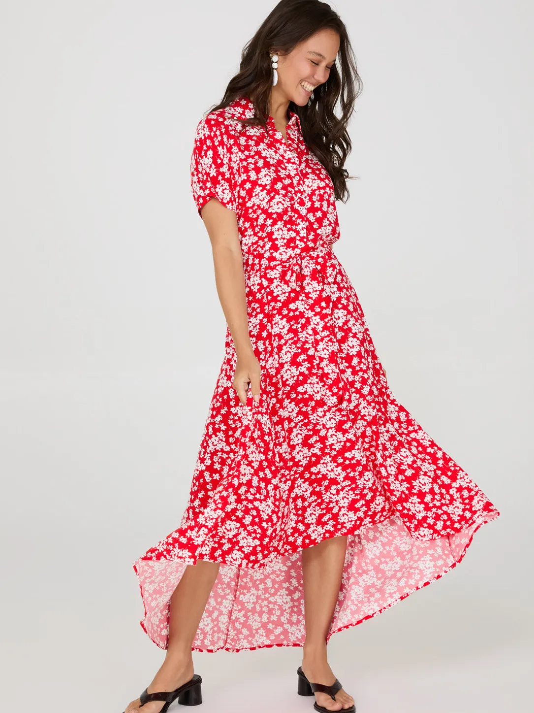 Ditsy Floral Print High-Low Maxi Shirt Dress