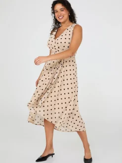 Dot Print Crossover Chiffon Midi Dress