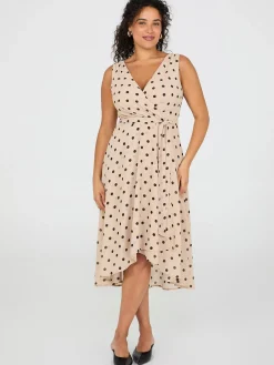 Dot Print Crossover Chiffon Midi Dress