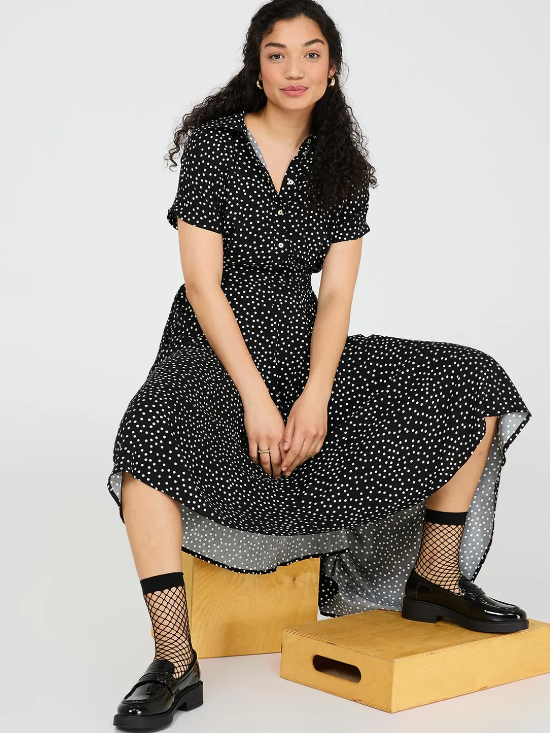 Dot Print High-Low Maxi Shirt Dress
