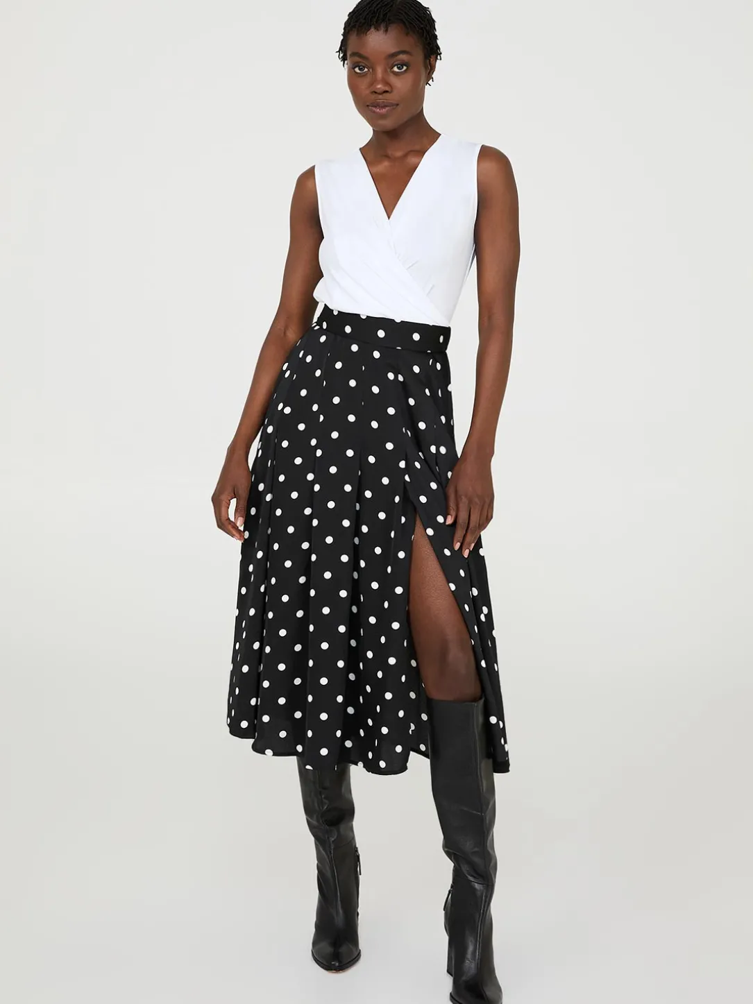 Dot Print Pleated Satin Midi Skirt
