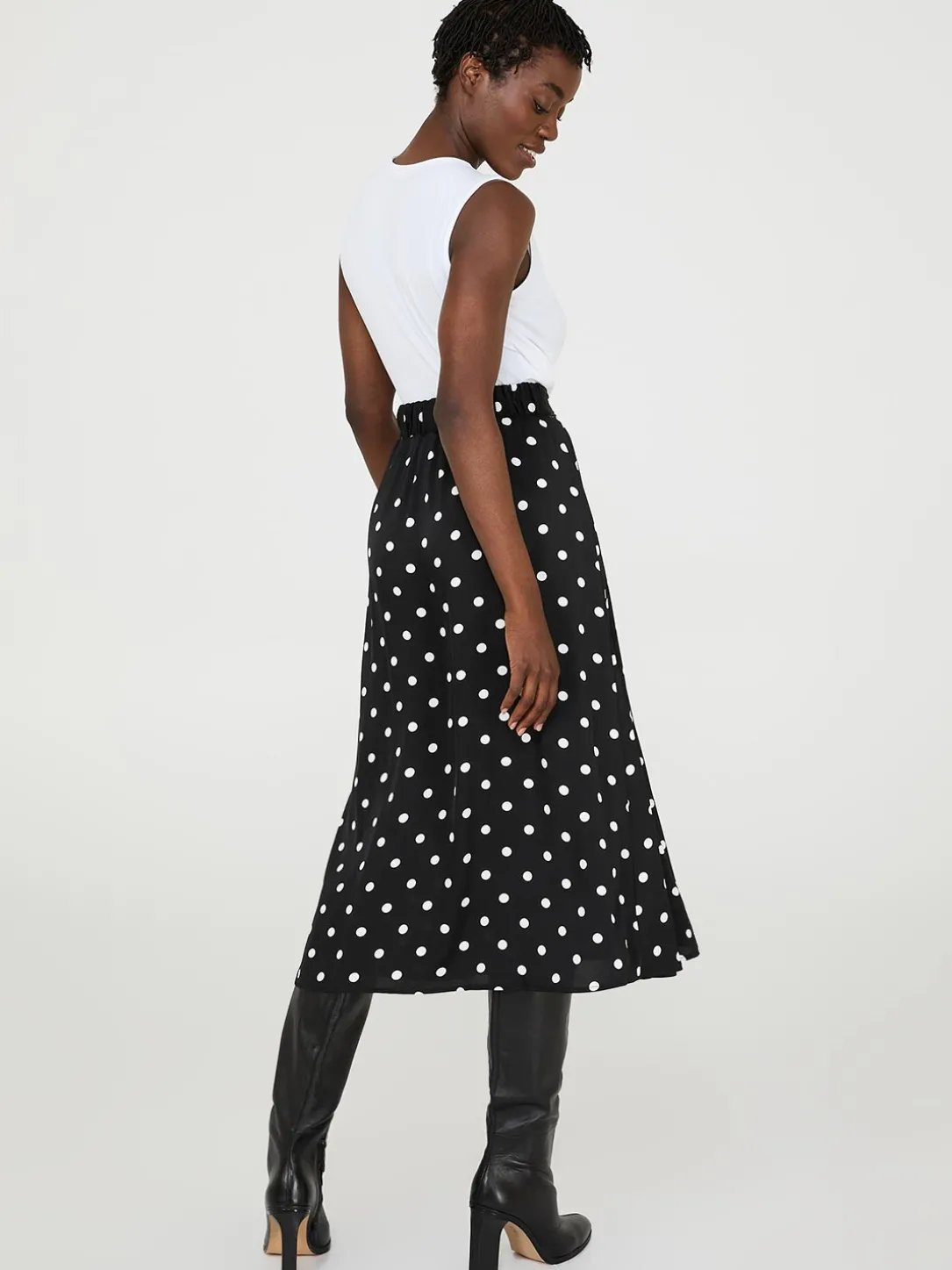 Dot Print Pleated Satin Midi Skirt
