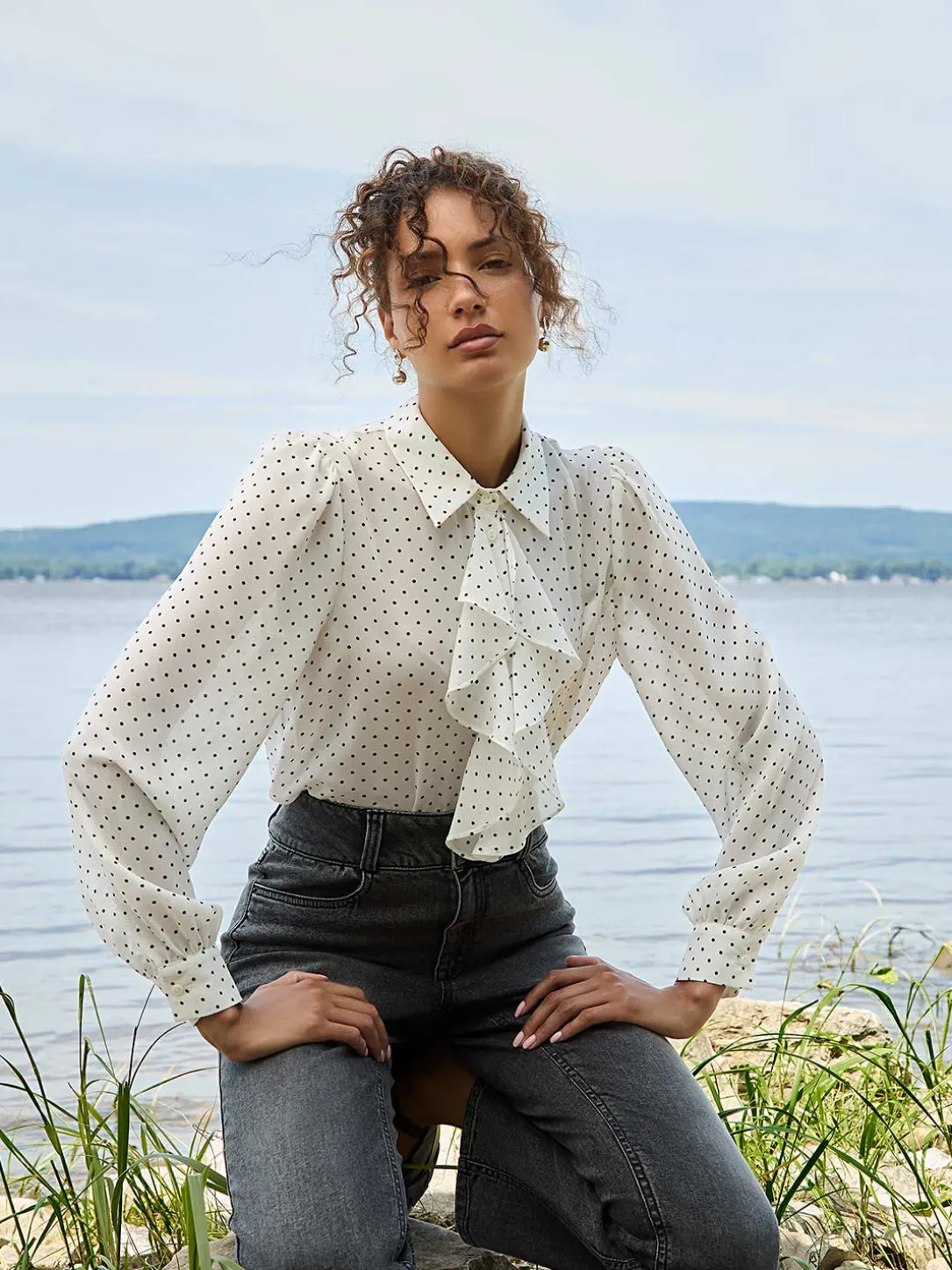 Dot Print Ruffle Button-Front Blouse