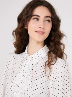 Dot Print Ruffle Button-Front Blouse