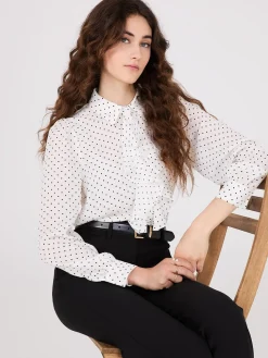 Dot Print Ruffle Button-Front Blouse