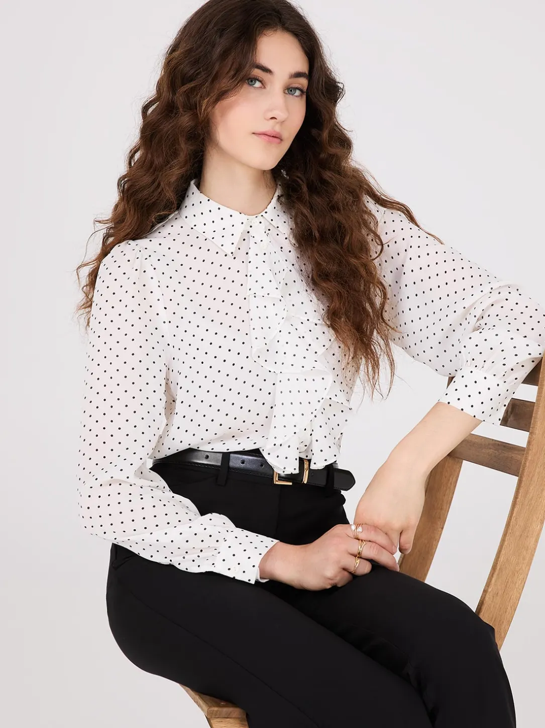 Dot Print Ruffle Button-Front Blouse
