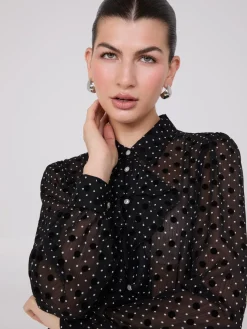Dot Print Ruffle Button-Front Blouse