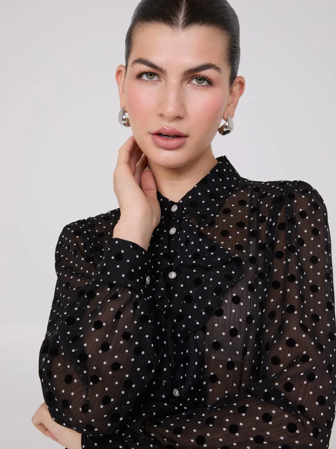Dot Print Ruffle Button-Front Blouse