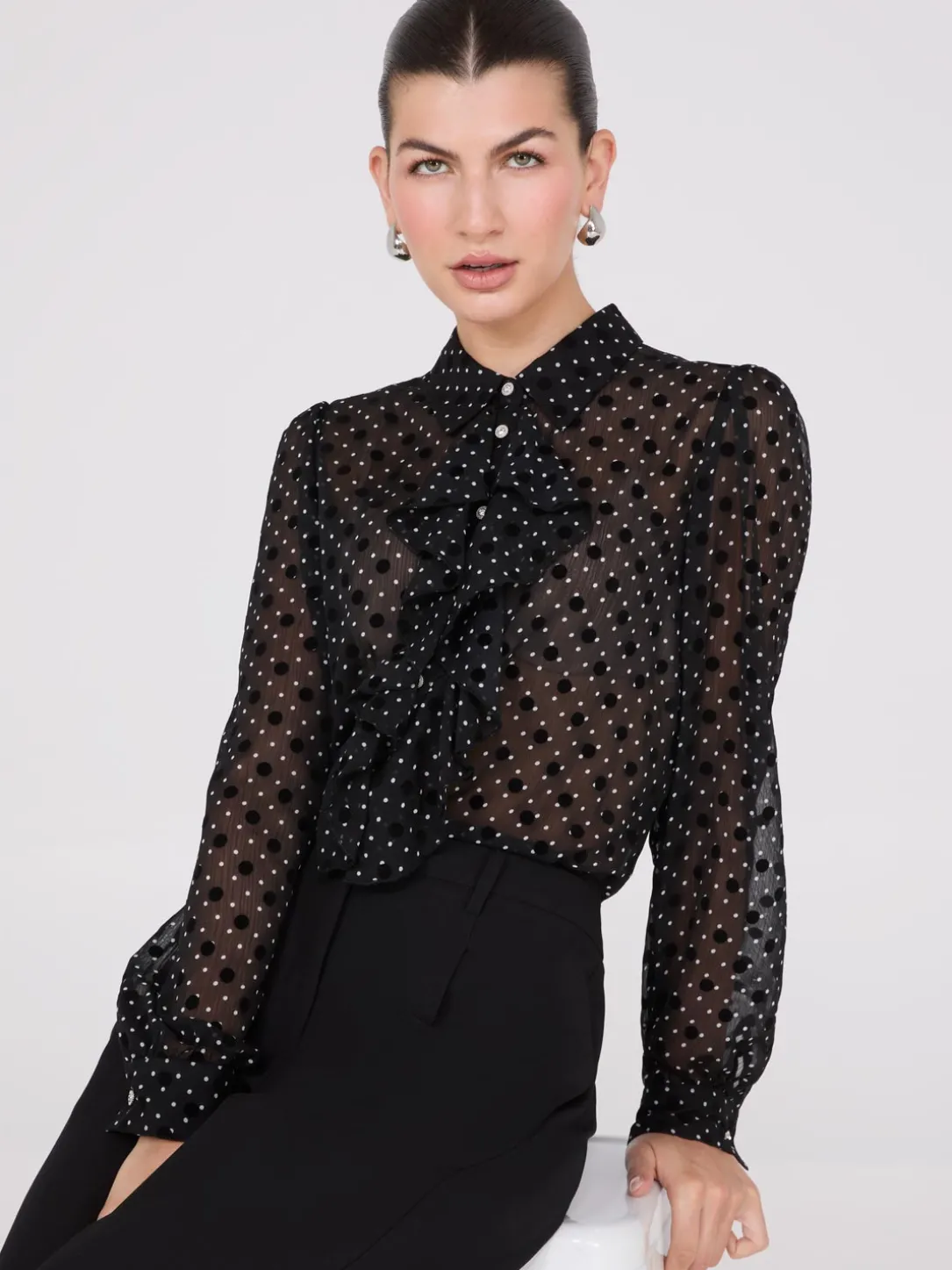 Dot Print Ruffle Button-Front Blouse