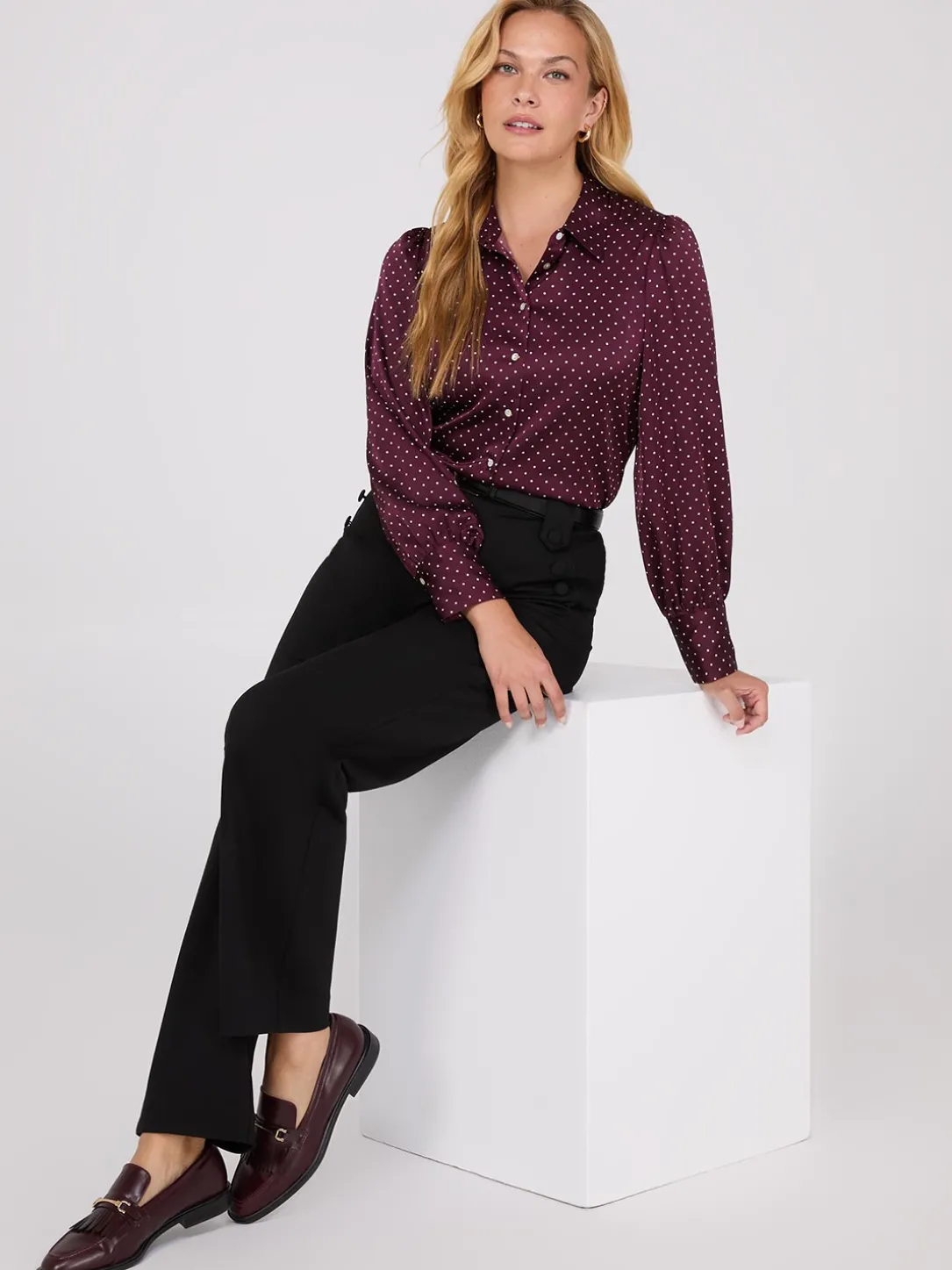 Dot Print Satin Volume Sleeve Button-Front Blouse