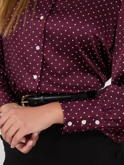 Dot Print Satin Volume Sleeve Button-Front Blouse