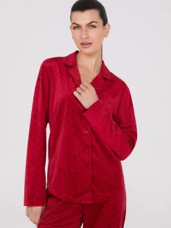 Dot Print Velour Button-Down Pajama Set