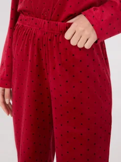 Dot Print Velour Button-Down Pajama Set