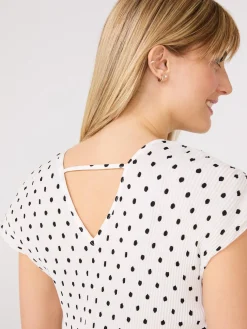 Dot Print V-Neck Pleated Top