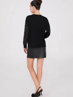 Drop Shoulder Sweater With Lace & Rhinestone Sleeve