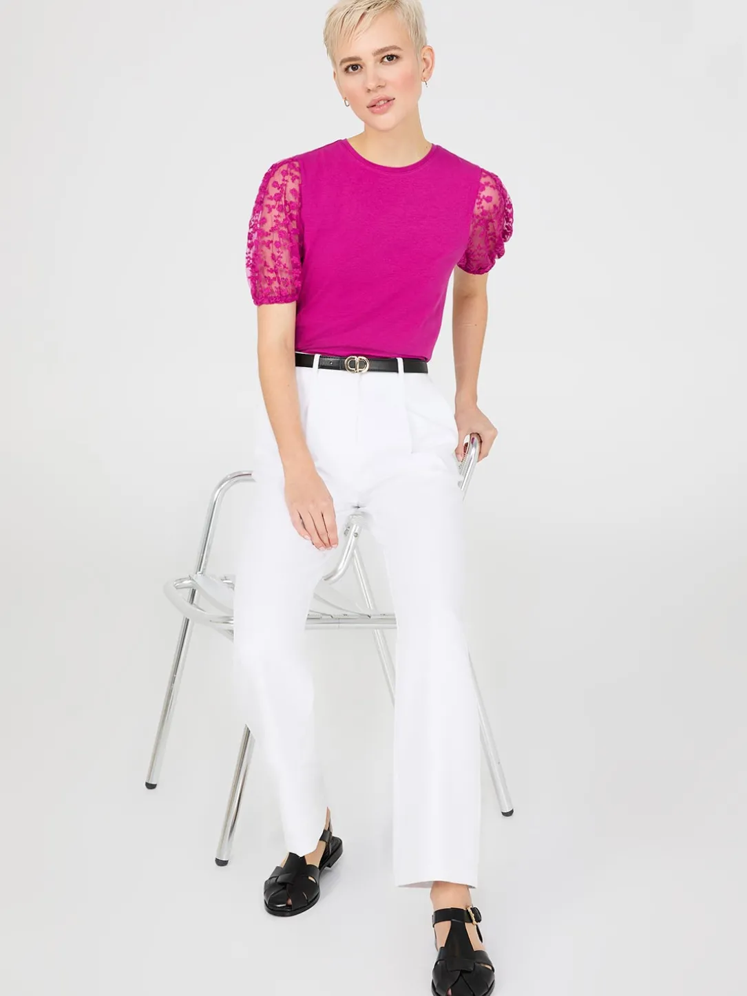 Embroidered Mesh Sleeve T-Shirt