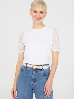Embroidered Mesh Sleeve T-Shirt