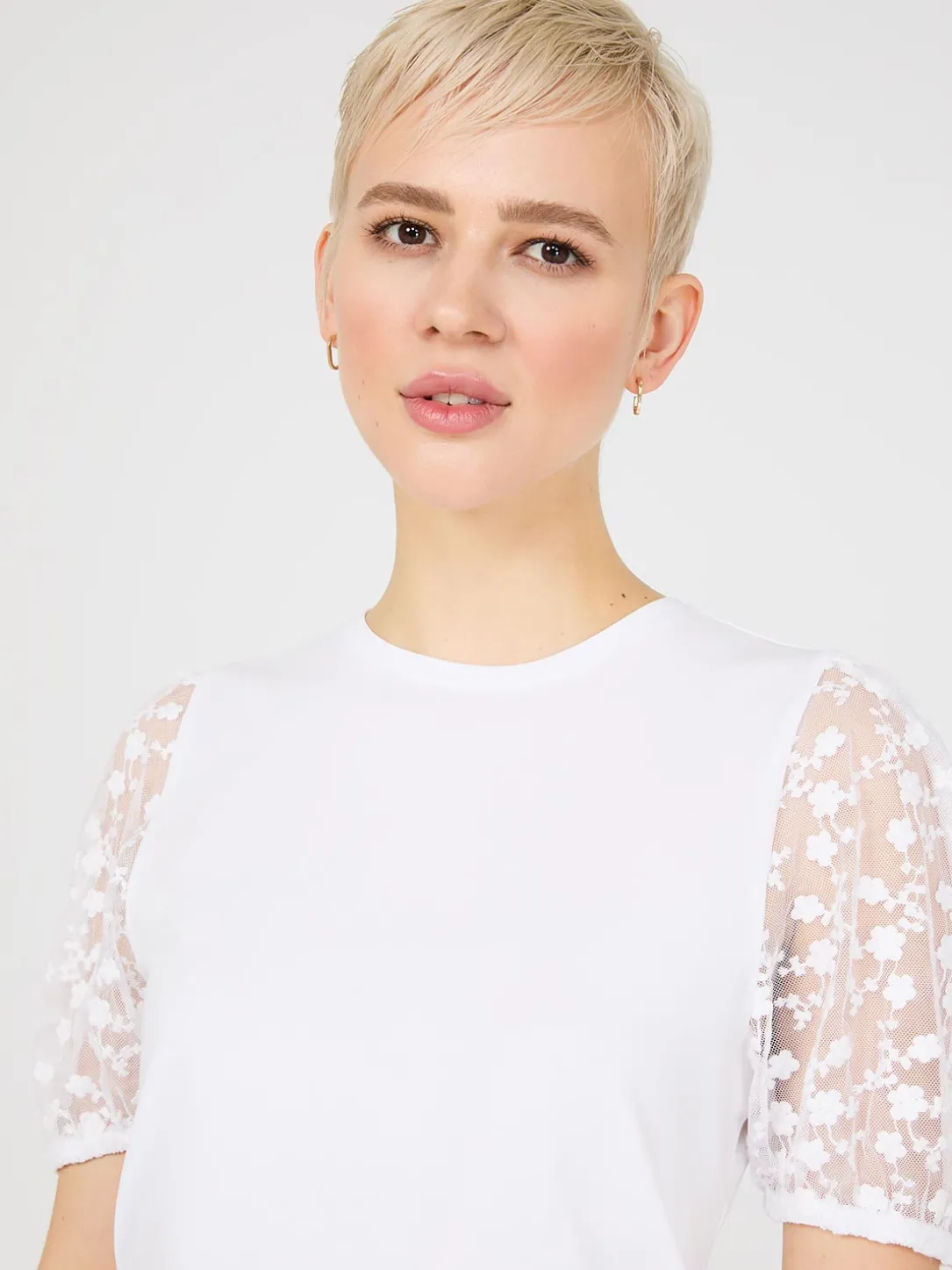 Embroidered Mesh Sleeve T-Shirt