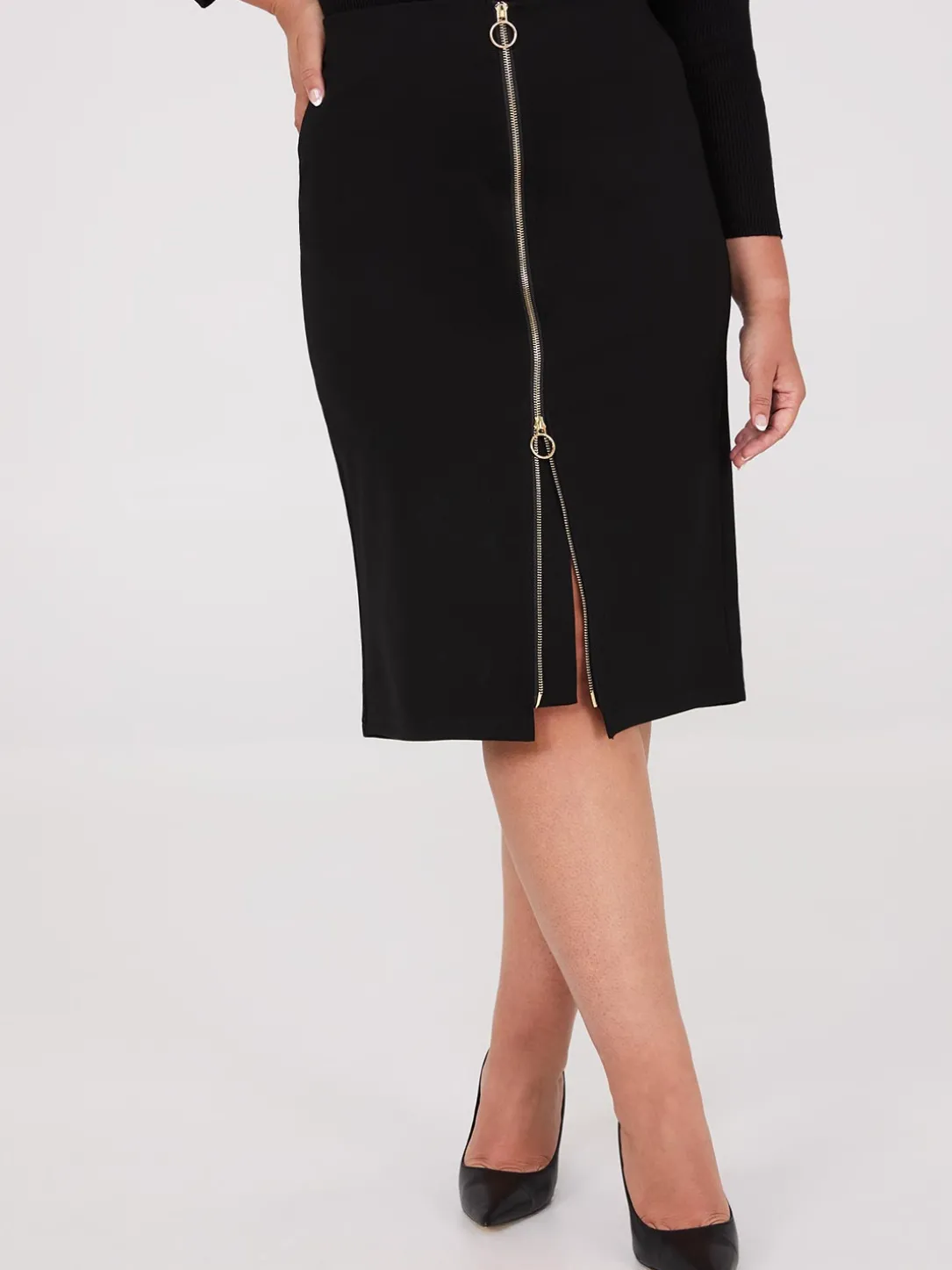 Exposed Zipper Front Pencil Skirt