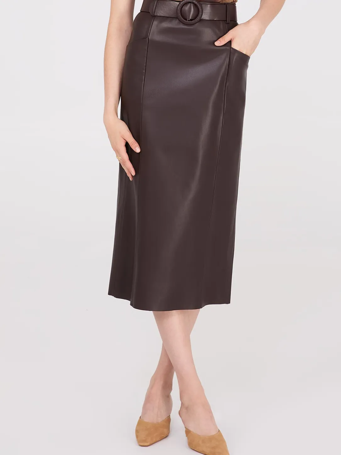 Faux Leather Belted Pencil Skirt