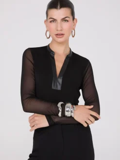 Faux Leather Collared Top With Mesh Sleeves