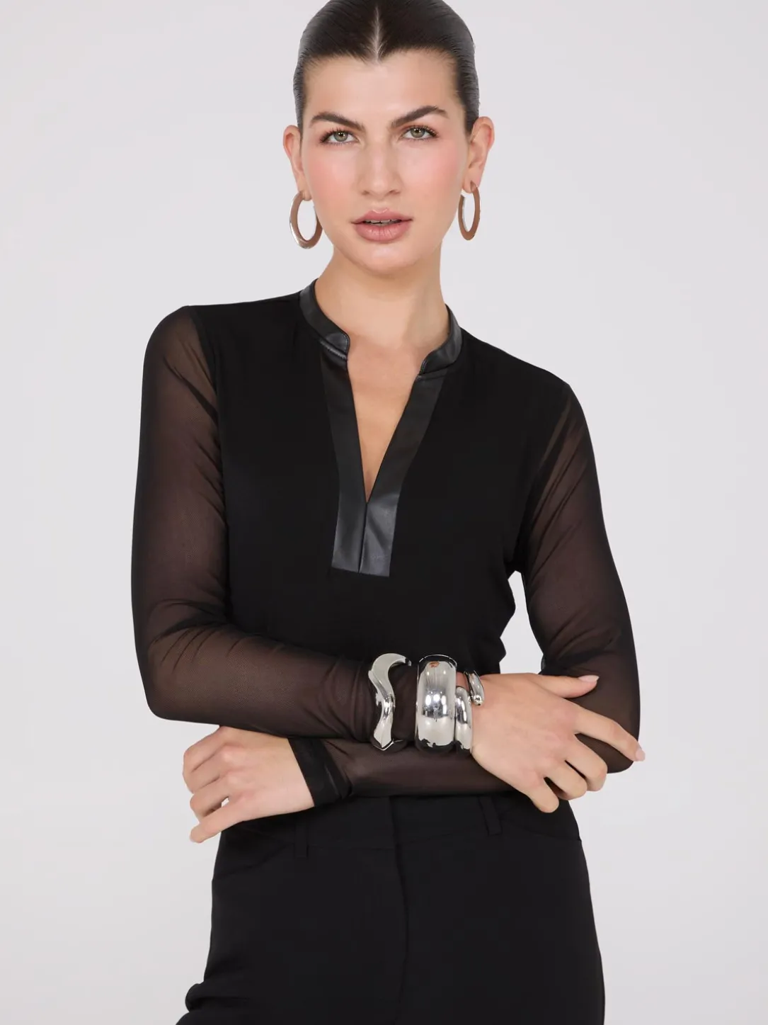 Faux Leather Collared Top With Mesh Sleeves