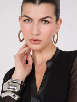 Faux Leather Collared Top With Mesh Sleeves