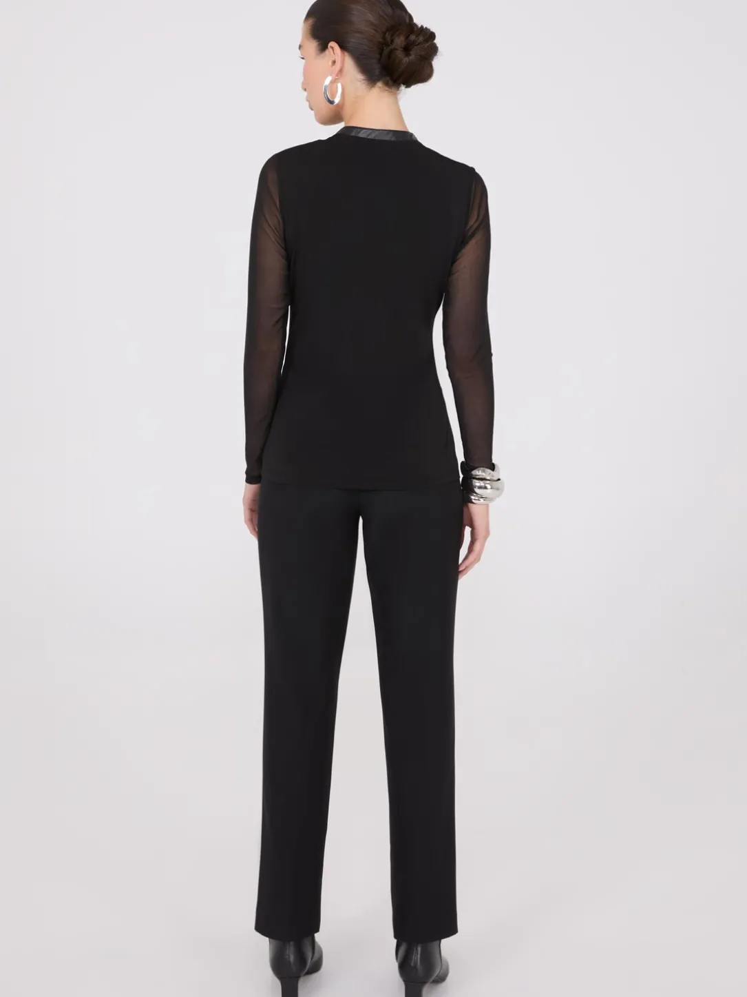 Faux Leather Collared Top With Mesh Sleeves
