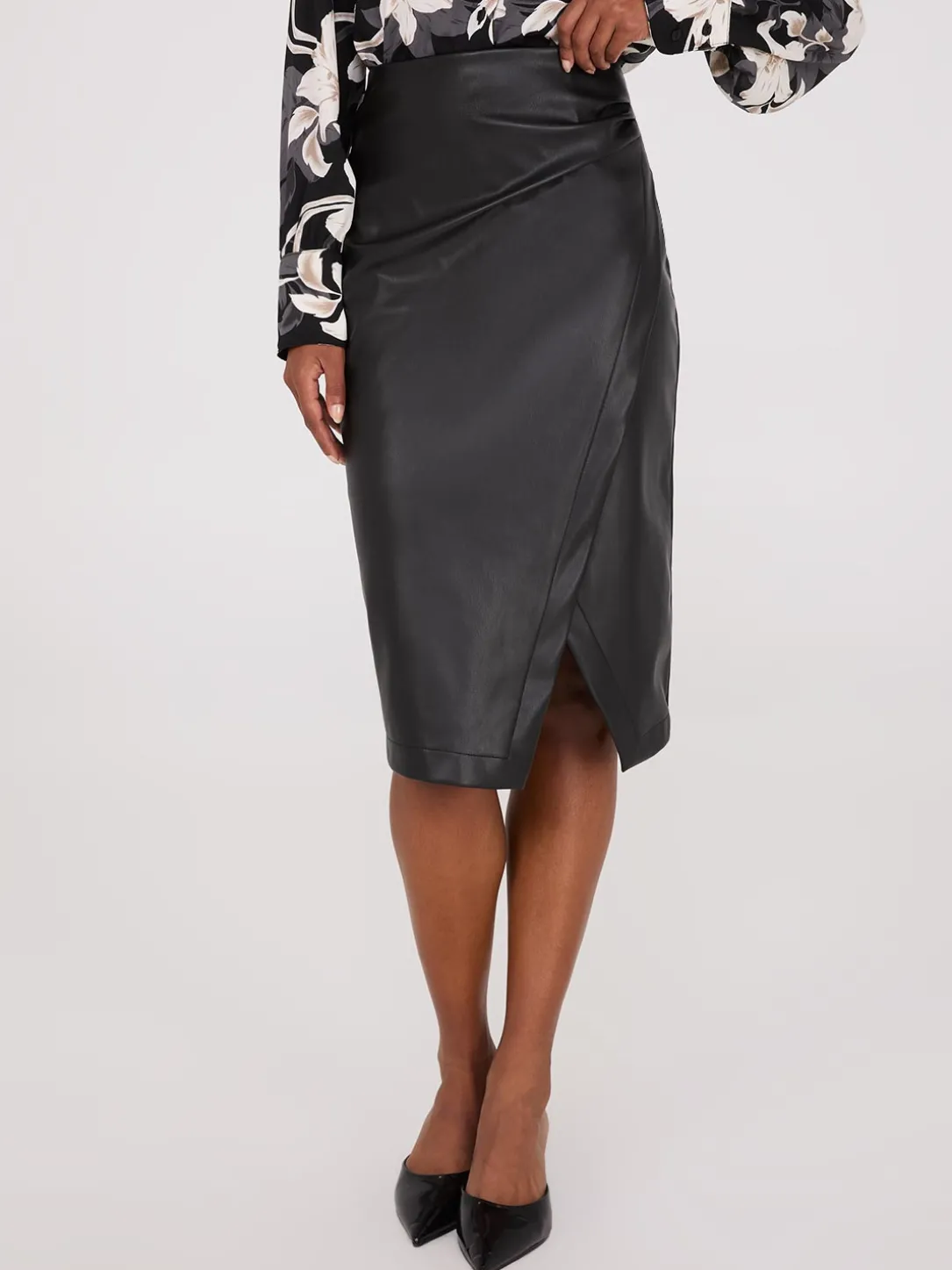 Faux Leather Front Wrap Pencil Skirt