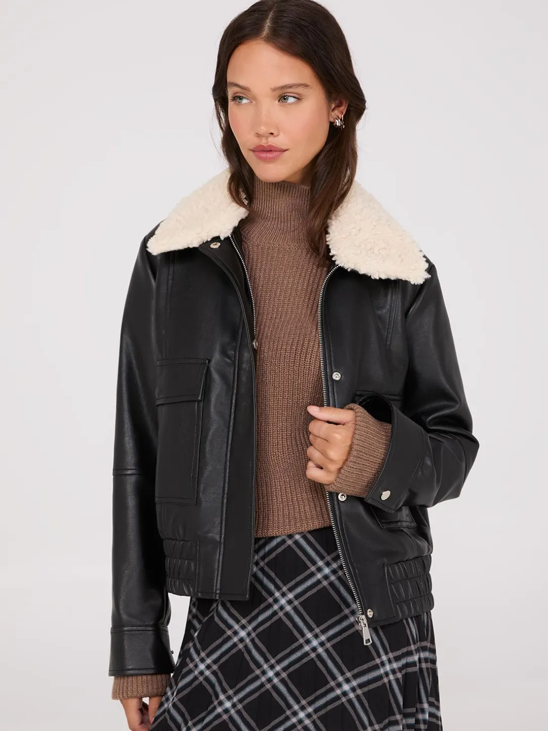 Faux Leather Jacket With Shearling Collar