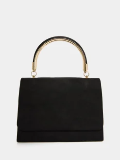 Faux Suede Flapover Bag With Top Handle
