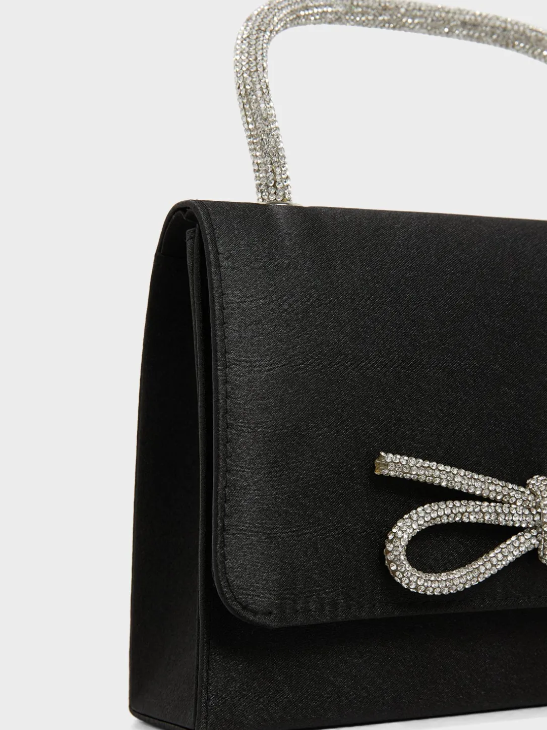 Faux-Suede Flapover Bag With Rhinestone Bow